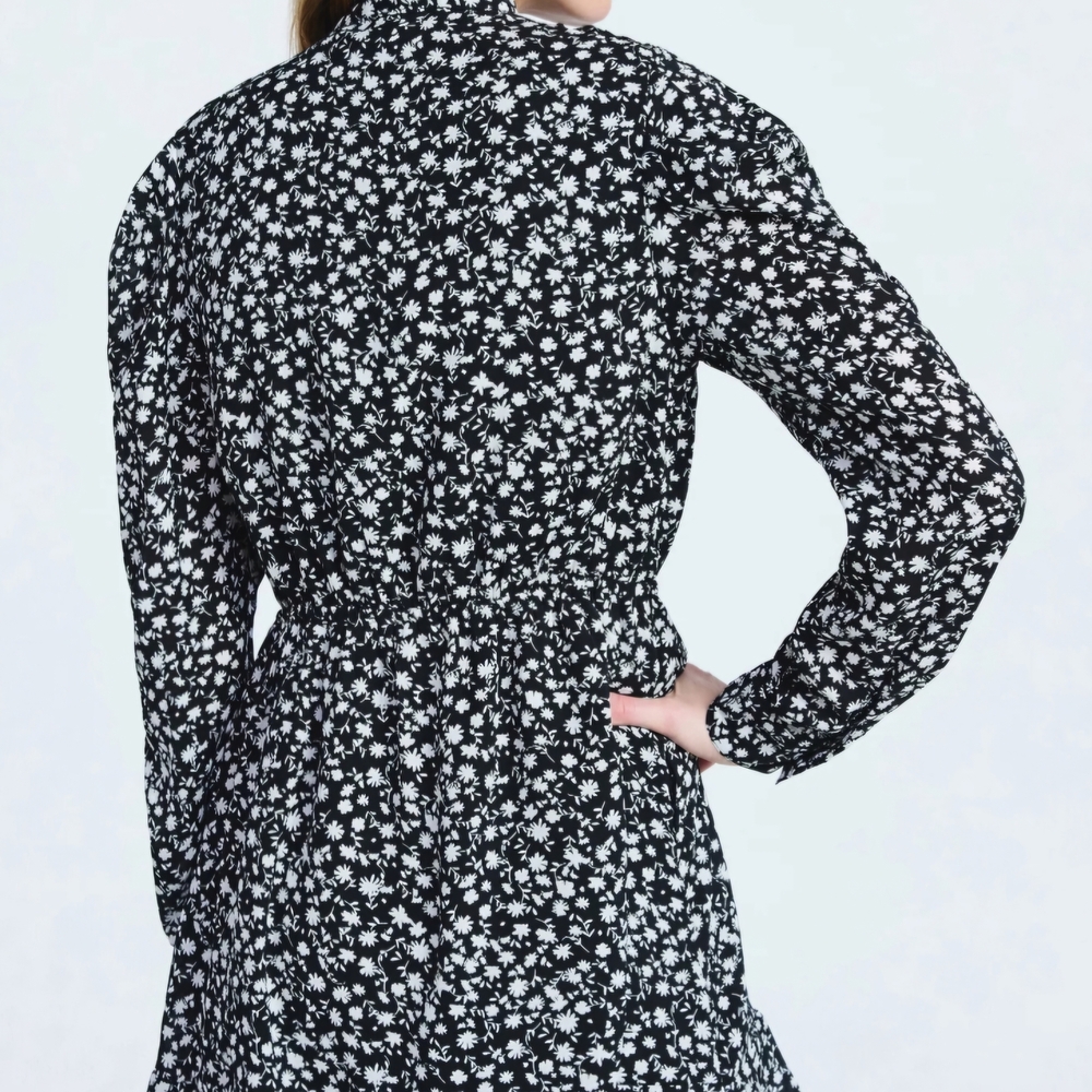 floral bow-neck mini dress - Black/White - Picture 4 of 6